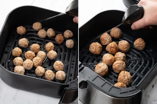 Small and Regular frozen meatballs being sprayed with oil in air fryer