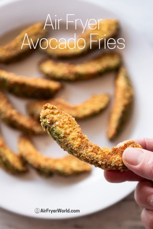 holding air fryer avocado fries 