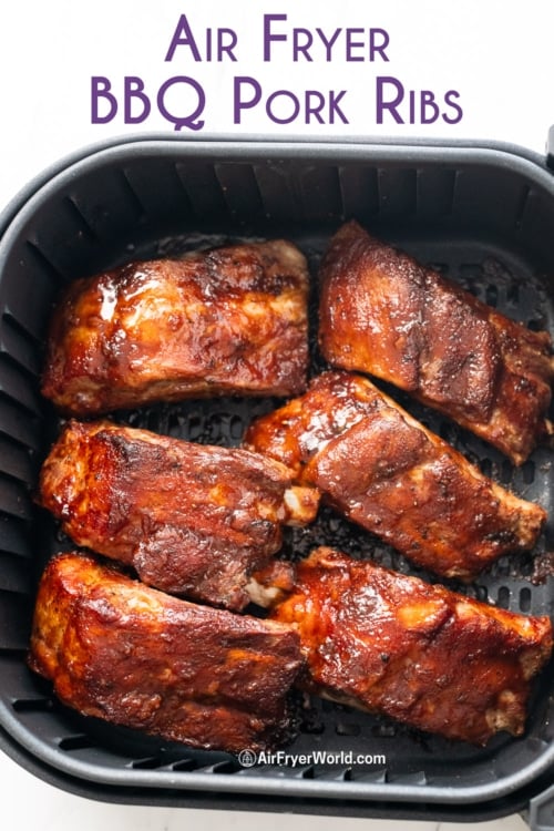 air fryer ribs recipe in basket with bbq sauce 