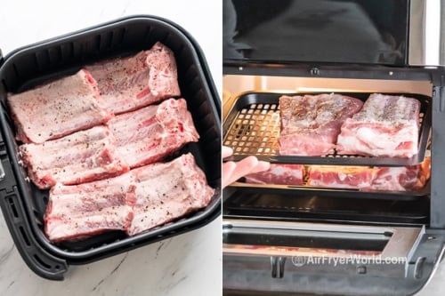 Uncooked ribs in air fryer, bone side up