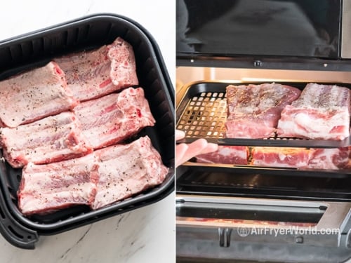 Uncooked ribs in air fryer, bone side up