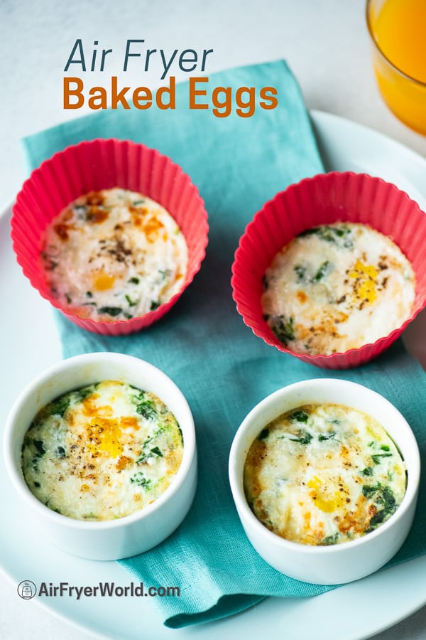 Air fried baked eggs recipe in air fryer on a plate in silicone and ceramic cups