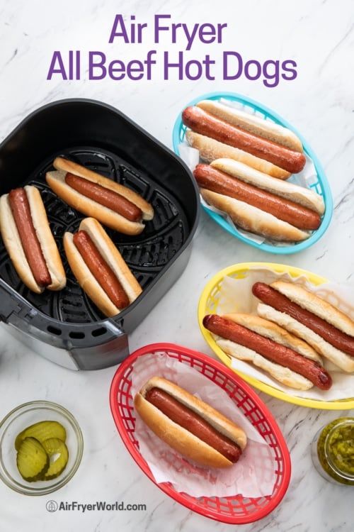air fryer beef hot dogs in baskets 