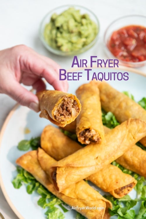holding air fryer beef taquitos 