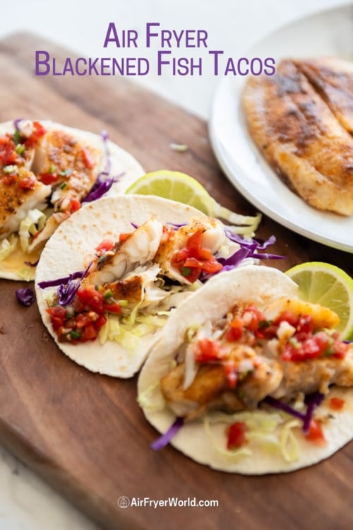 plate of blacked fish tacos in air fryer 