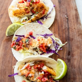 air fryer blackened fish tacos on platter