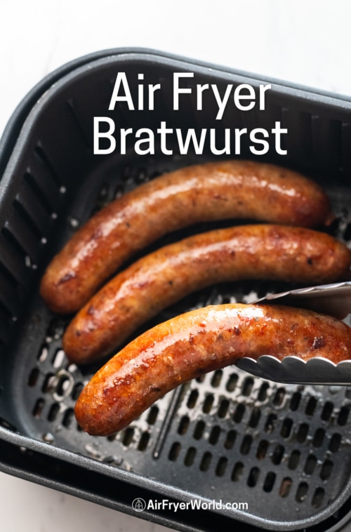 Air fryer bratwurst in basket 