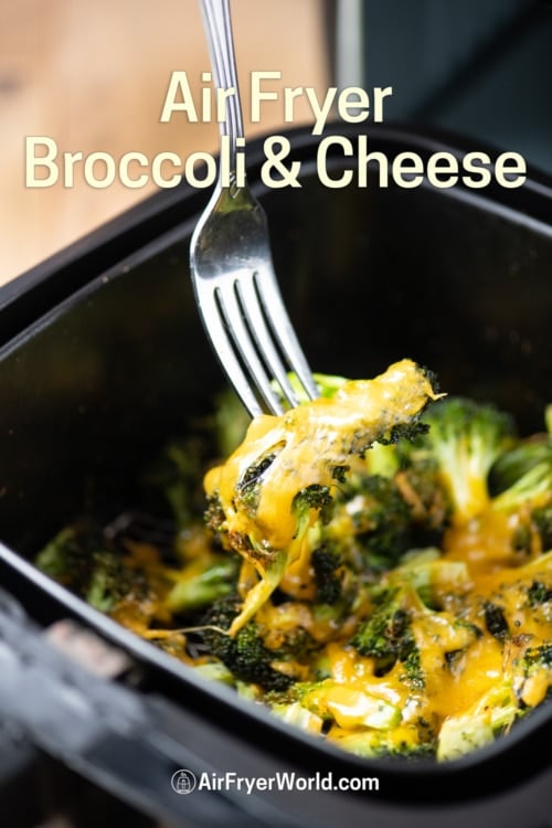 air fryer broccoli cheese with fork 