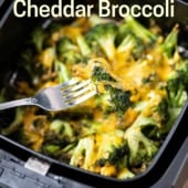 air fryer cheddar broccoli on fork