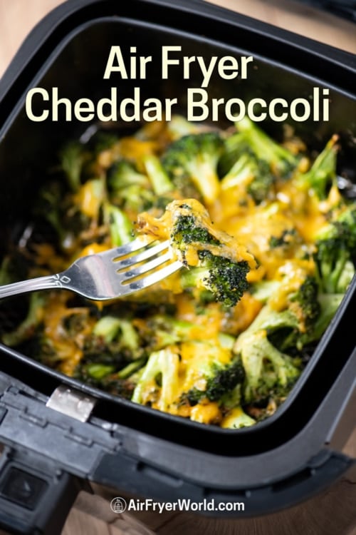 air fryer cheddar broccoli on fork 