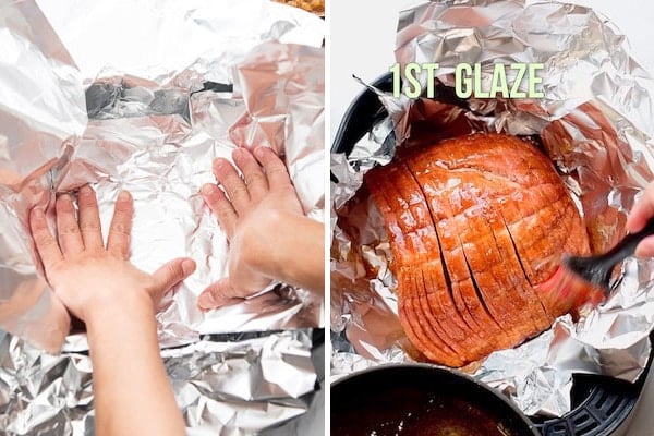Lining air fryer with foil and glazing the ham