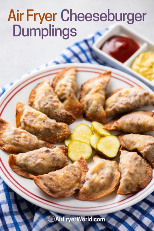 Air Fryer Cheeseburger dumplings or potstickers on plate with pickles