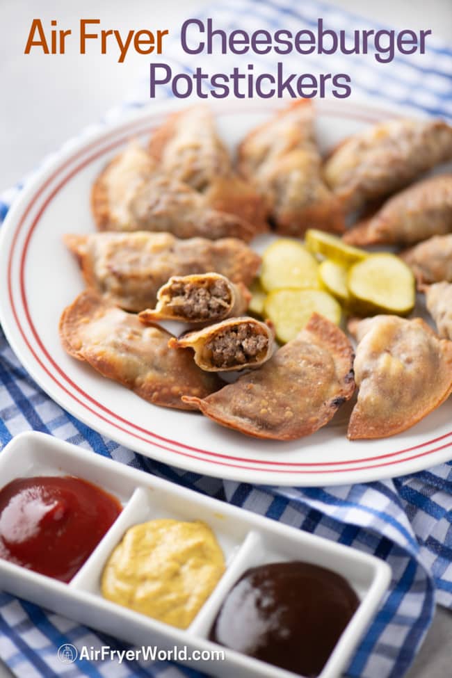 Air Fryer Cheeseburger dumplings or potstickers cut in half