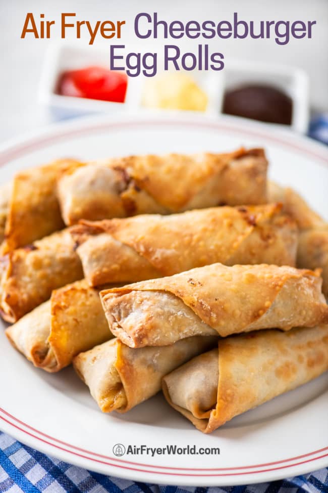 Air fryer cheeseburger egg rolls on plate 