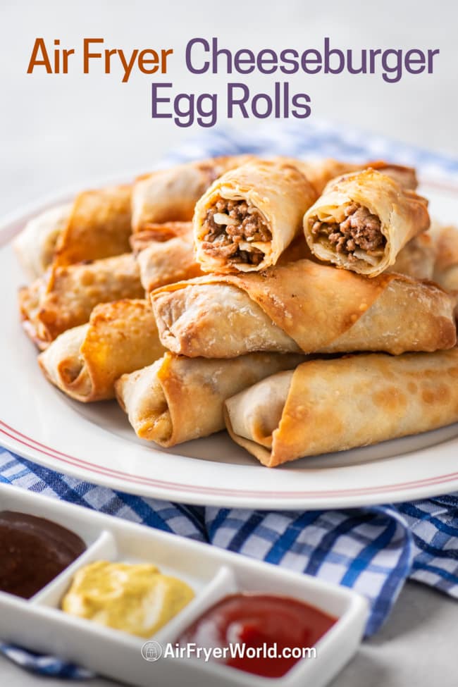 air fryer cheeseburger spring rolls on a plate 