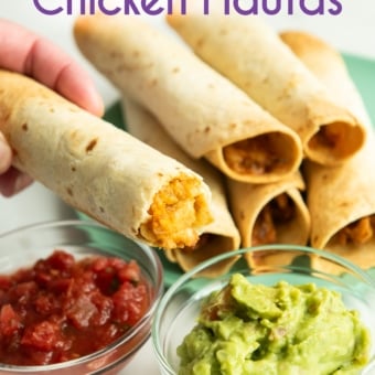holding air fryer chicken flautas or taquitos with guac