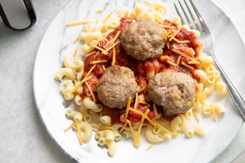 Turkey meatballs on plate of pasta