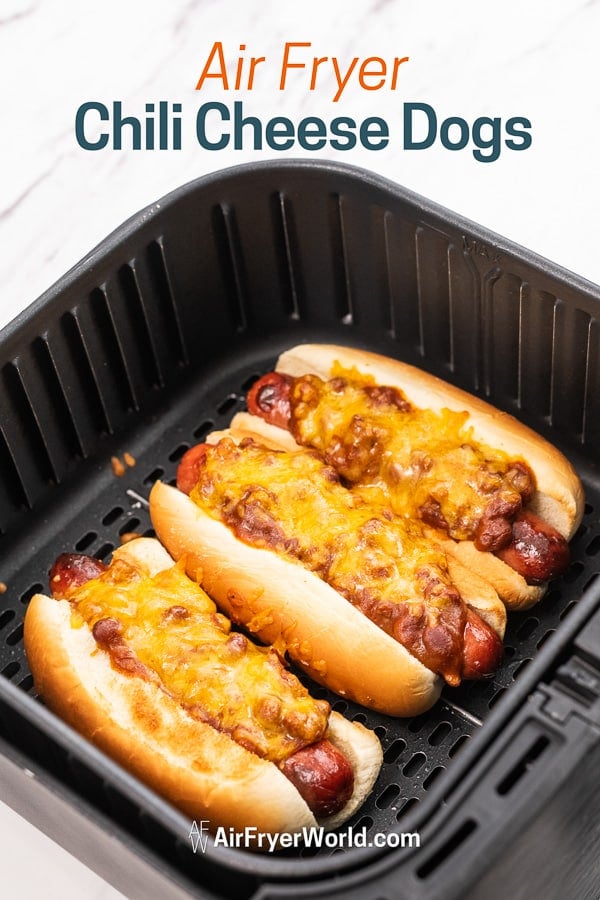 Air Fryer Chili Cheese Hot Dogs in a basket
