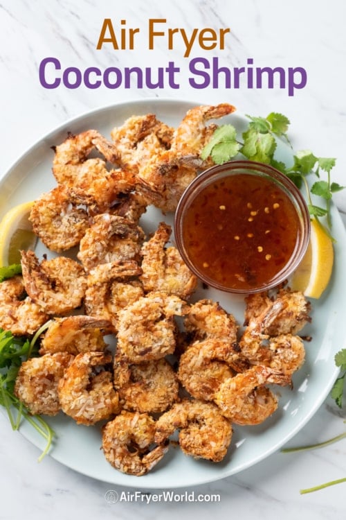 Air Fryer Coconut Shrimp on plate with dip 