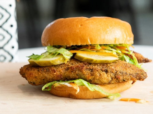 Crispy Air Fryer Fish Sandwich on a board