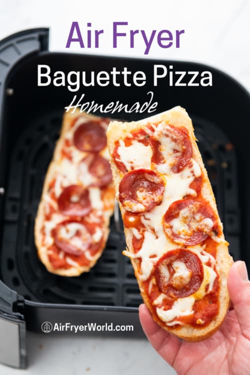 Hand holding air fryer baguette pizza 