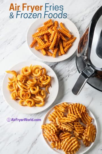 crinkle, curly and waffle fries in bowls