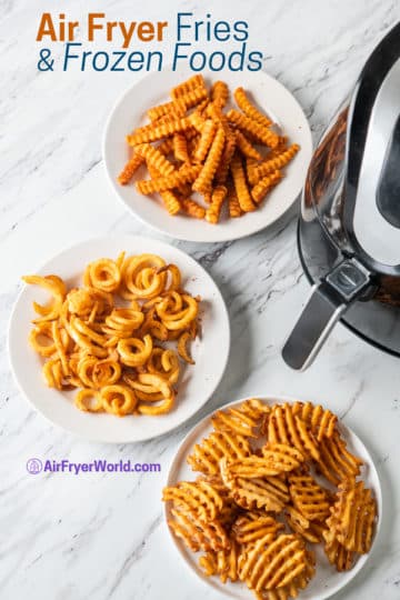 crinkle cut, curly and waffle fries on plates