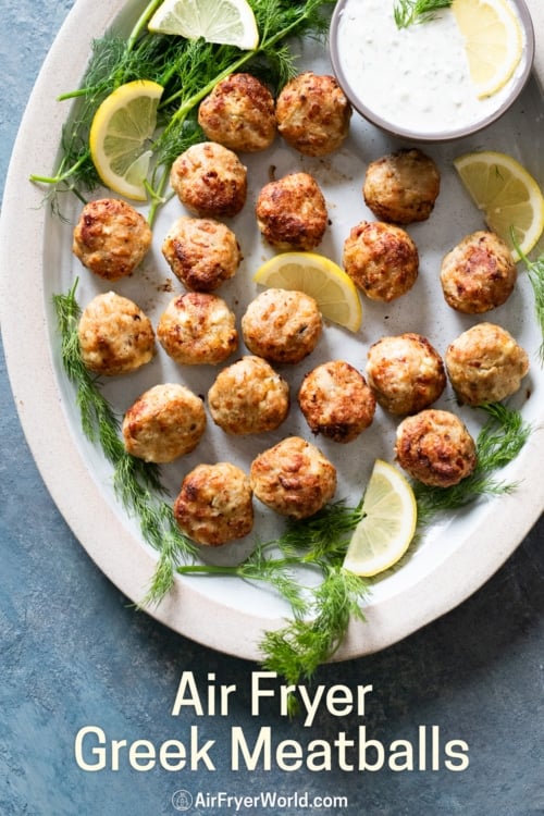 air fryer greek meatballs on platter with dip