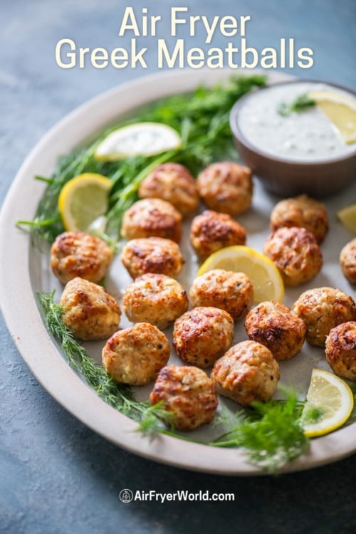 air fried greek keftedes on plate with tzatziki 