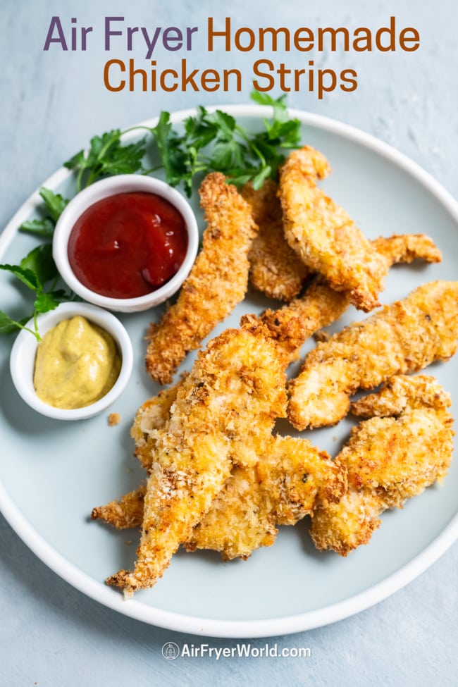 chicken strips or tenders on a plate with dip