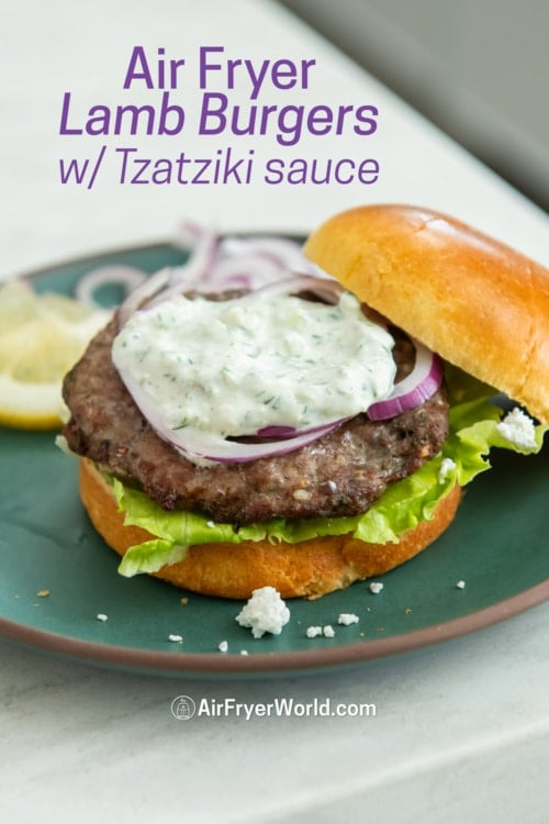plate of air fryer greek lamb burgers with tzatziki
