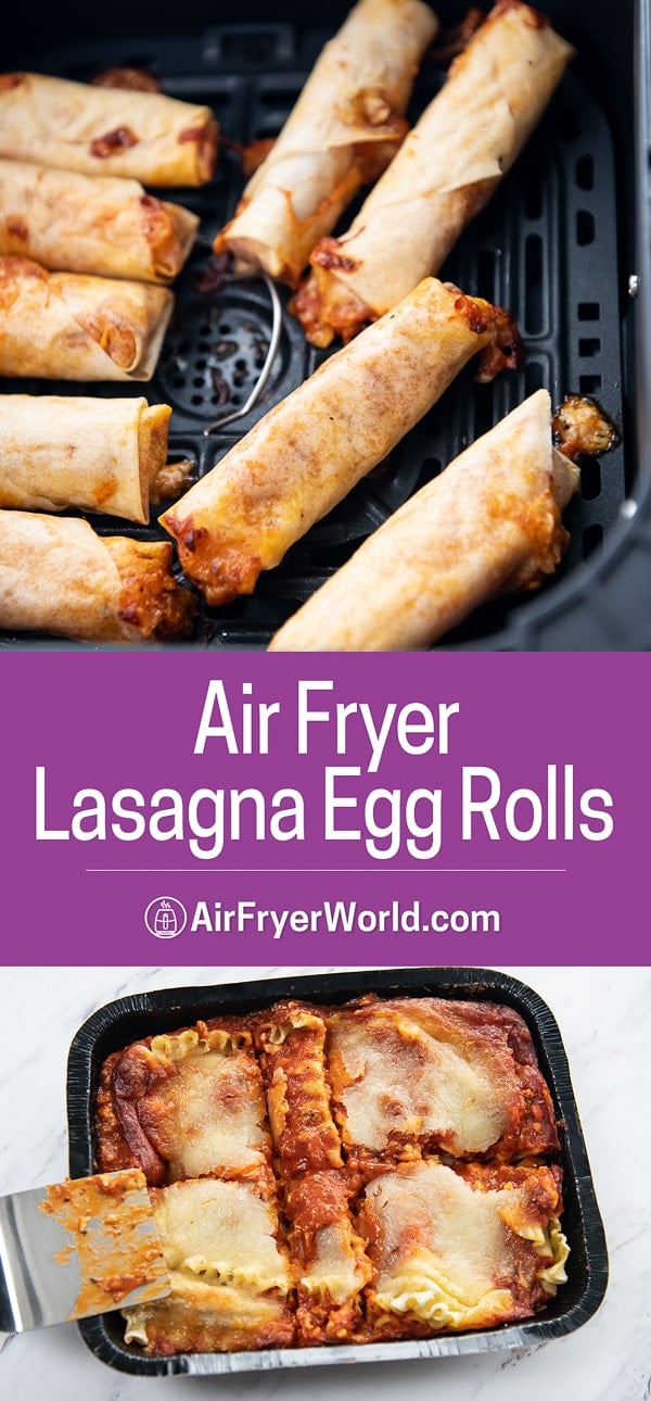 Air fryer basket with crispy lasagna egg rolls inside from airfryerworld.com