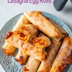 Plate of lasagna egg rolls with one cut in half from airfryerworld.com