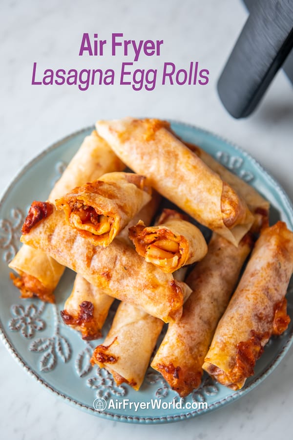 Plate of lasagna egg rolls with one cut in half from airfryerworld.com