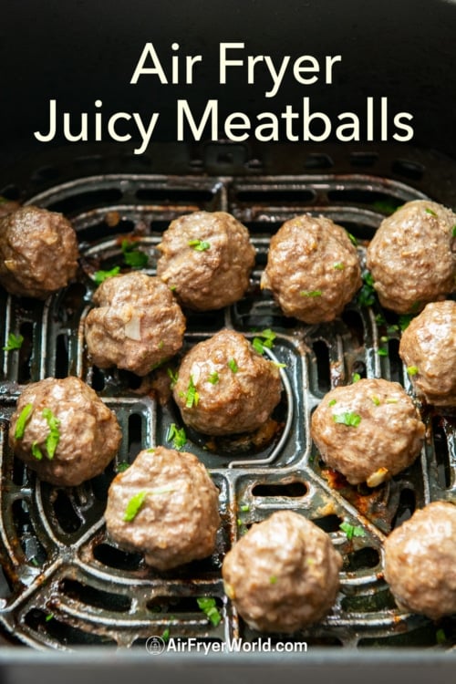 air fryer meatballs in air fryer basket 