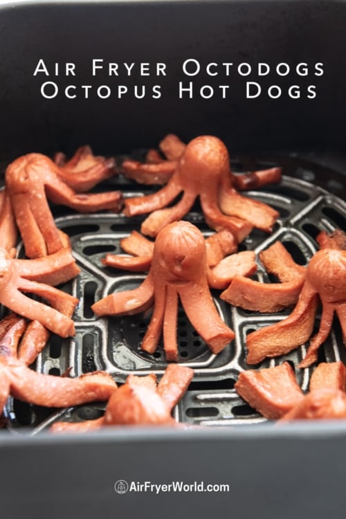 air fryer basket of cooked octodogs hot dogs 