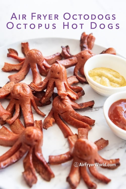 plate of air fryer octodogs with ketchup mustard 