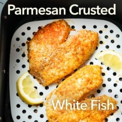 air fryer parmesan white fish in basket on liner