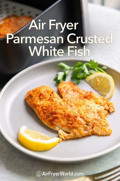 air fryer parmesan crusted fish on plate 