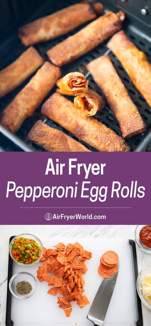 Air fryer basket showing crispy pepperoni pizza egg rolls and on a plate | AirFryerWorld.com
