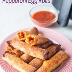 Plate of crispy pepperoni pizza egg rolls from airfryerworld.com