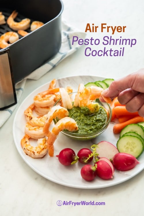 air fryer pesto shrimp cocktail on a plate