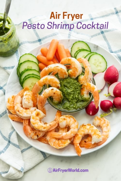 plate of air fryer pesto shrimp cocktail with vegetables