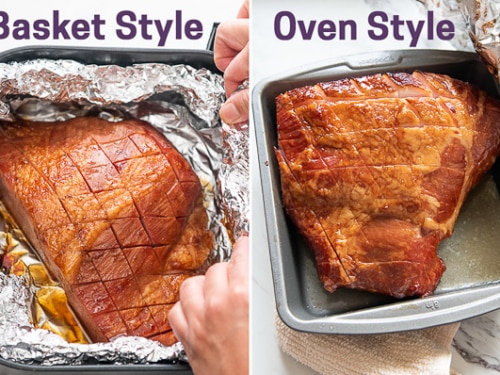Two photos showing foil being taken off ham