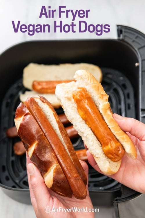 holding air fryer plant based hot dogs with buns 