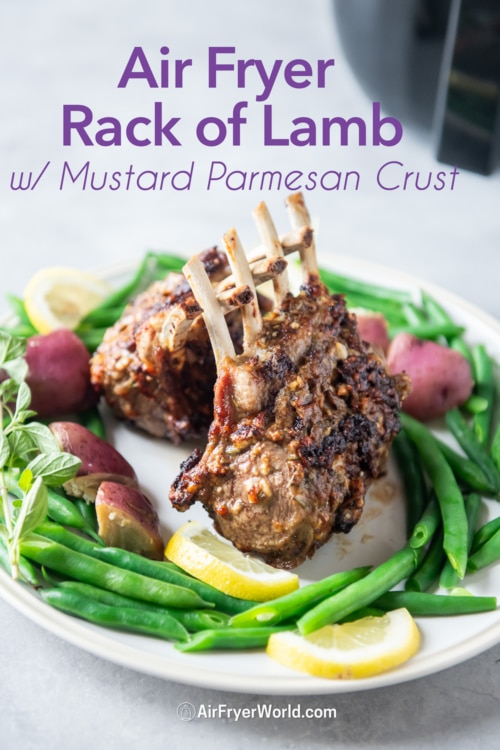 air fryer lamb rack on plate with veggies 