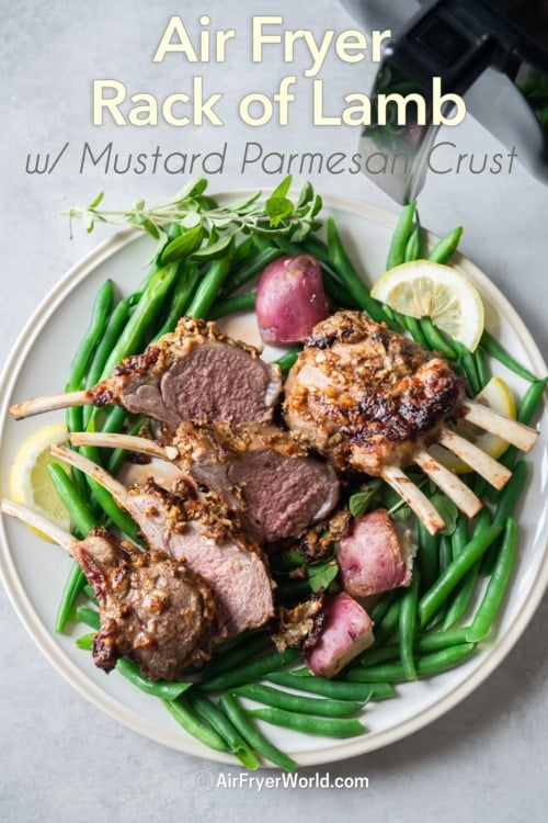 sliced air fryer lamb rack on platter