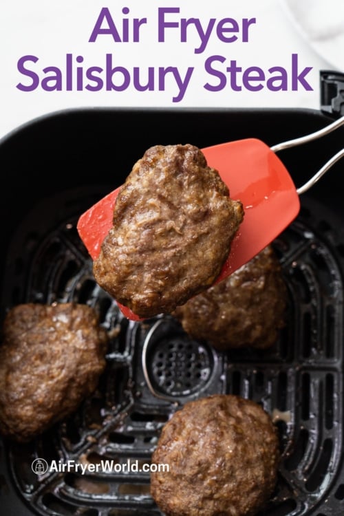 air fryer salisbury steak patty on spatula 