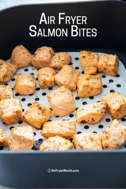 basket of air fryer salmon bites with garlic and lemon 