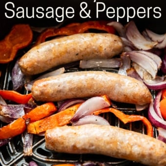 air fryer sausage peppers and onion in basket